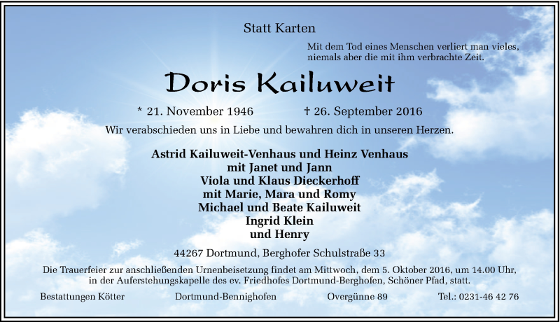  Traueranzeige für Doris Kailuweit vom 01.10.2016 aus Ruhr Nachrichten