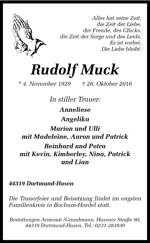 Traueranzeige für Rudolf Muck vom 29.10.2016 aus Ruhr Nachrichten
