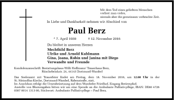 Traueranzeige von Paul Berz von Ruhr Nachrichten