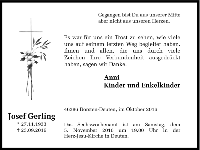  Traueranzeige für Josef Gerling vom 02.11.2016 aus Ruhr Nachrichten und Dorstener Zeitung