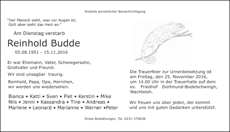  Traueranzeige für Reinhold Budde vom 19.11.2016 aus Ruhr Nachrichten