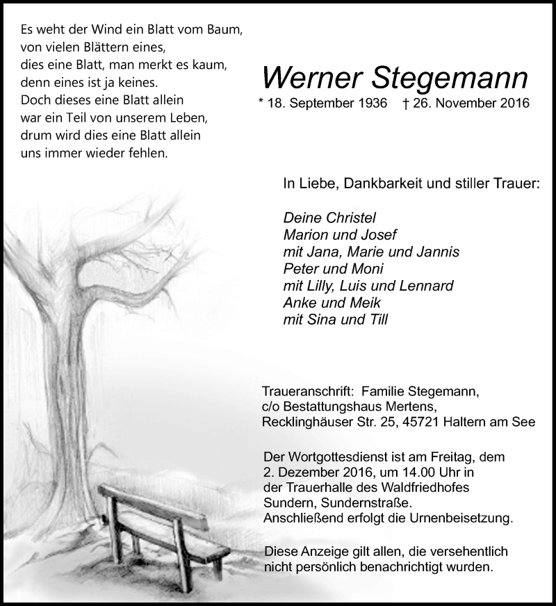  Traueranzeige für Werner Stegemann vom 29.11.2016 aus Ruhr Nachrichten und Halterner Zeitung