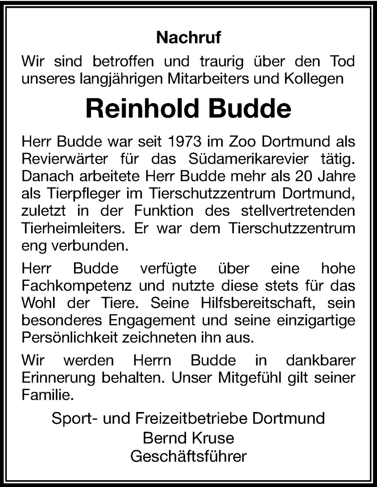  Traueranzeige für Reinhold Budde vom 25.11.2016 aus Ruhr Nachrichten