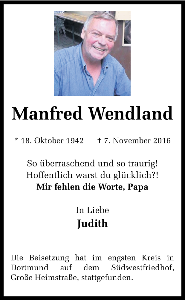  Traueranzeige für Manfred Wendland vom 26.11.2016 aus Ruhr Nachrichten