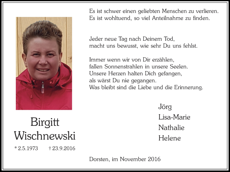  Traueranzeige für Birgitt Wischnewski vom 15.11.2016 aus Ruhr Nachrichten und Dorstener Zeitung