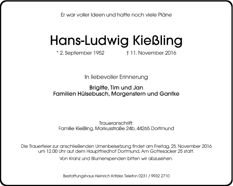 Traueranzeige für Hans-Ludwig Kießling vom 19.11.2016 aus Ruhr Nachrichten