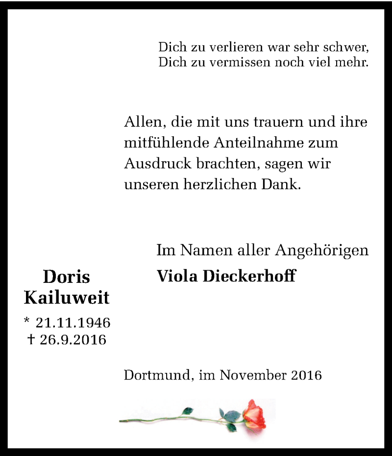  Traueranzeige für Doris Kailuweit vom 21.11.2016 aus Ruhr Nachrichten