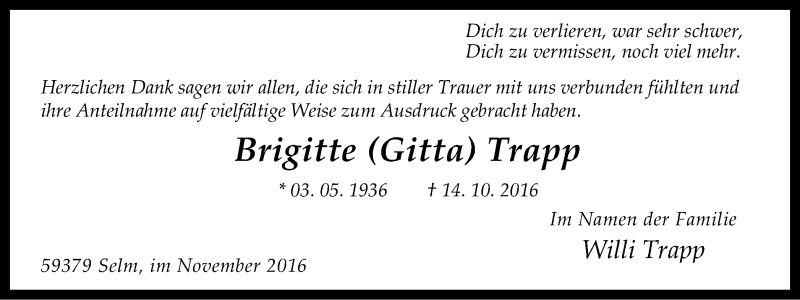  Traueranzeige für Brigitte Trapp vom 16.11.2016 aus Ruhr Nachrichten