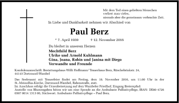 Traueranzeige von Paul Berz von Ruhr Nachrichten