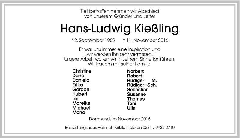  Traueranzeige für Hans-Ludwig Kießling vom 19.11.2016 aus Ruhr Nachrichten