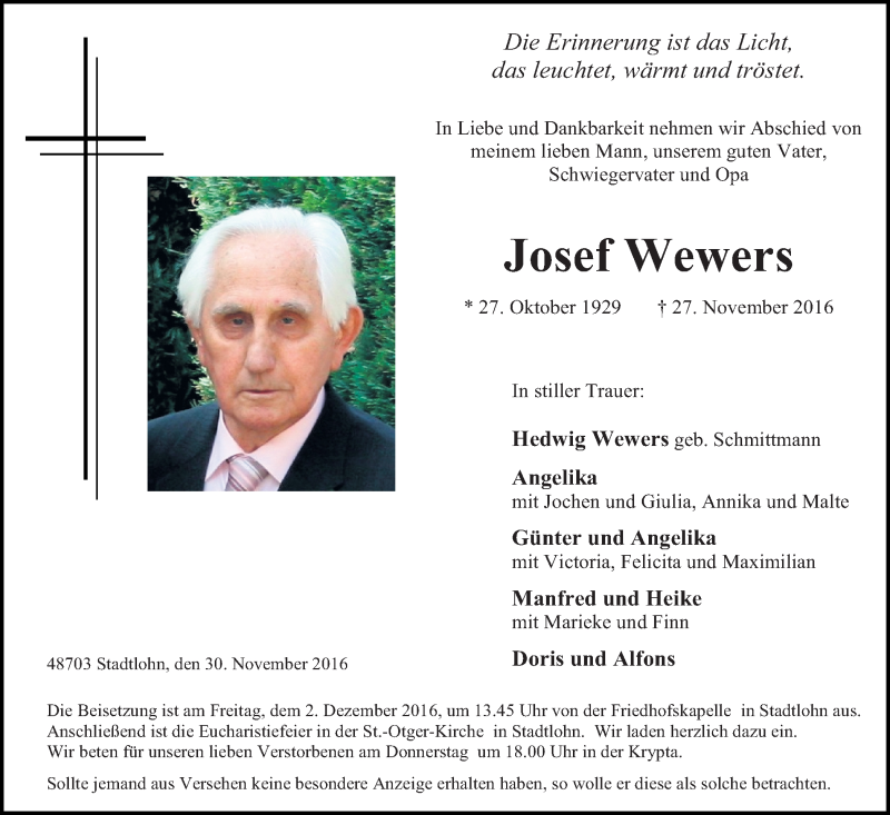  Traueranzeige für Josef Wewers vom 30.11.2016 aus Münstersche Zeitung und Münsterland Zeitung