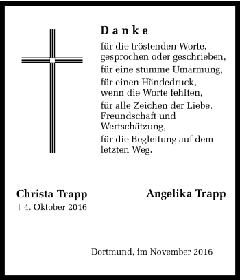 Traueranzeige von Christa Trapp von Ruhr Nachrichten