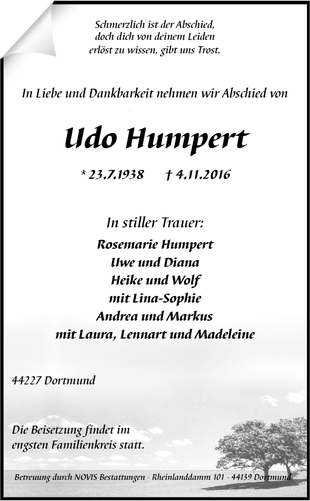  Traueranzeige für Udo Humpert vom 05.11.2016 aus Ruhr Nachrichten