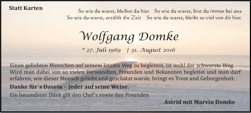  Traueranzeige für Wolfgang Domke vom 05.11.2016 aus Münstersche Zeitung und Münsterland Zeitung