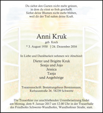 Traueranzeige von Anni Kruk von Ruhr Nachrichten