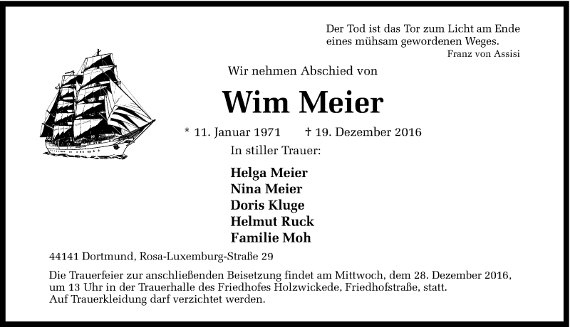  Traueranzeige für Wim Meier vom 23.12.2016 aus Ruhr Nachrichten
