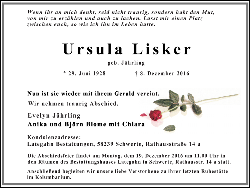  Traueranzeige für Ursula Lisker vom 14.12.2016 aus Ruhr Nachrichten