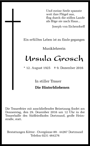 Traueranzeige von Ursula Grosch von Ruhr Nachrichten