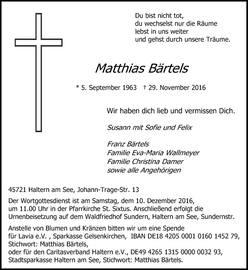  Traueranzeige für Matthias Bärtels vom 03.12.2016 aus Ruhr Nachrichten und Halterner Zeitung