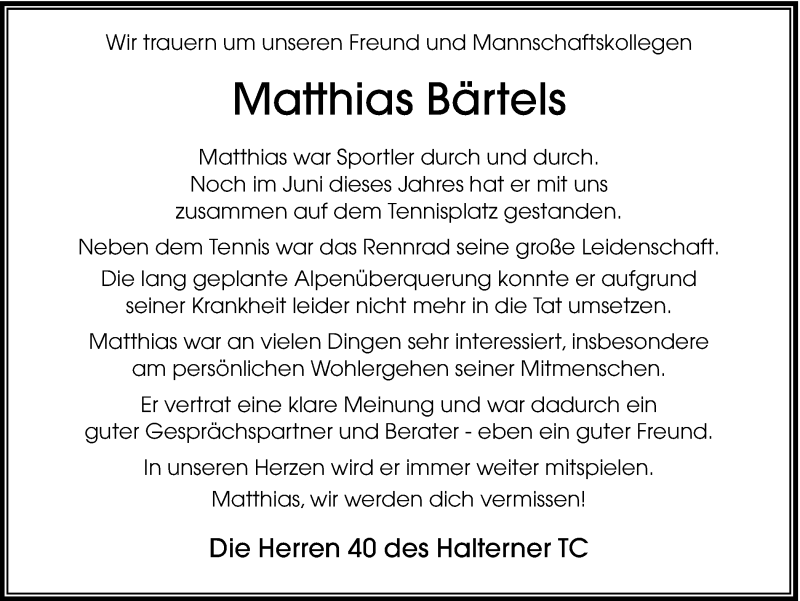  Traueranzeige für Matthias Bärtels vom 06.12.2016 aus Ruhr Nachrichten und Halterner Zeitung