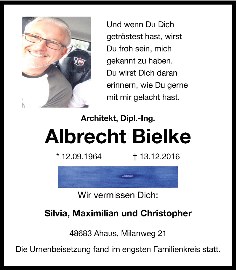  Traueranzeige für Albrecht Bielke vom 30.12.2016 aus Münstersche Zeitung und Münsterland Zeitung