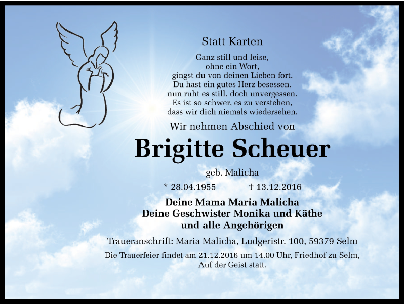  Traueranzeige für Brigitte Scheuer vom 17.12.2016 aus Ruhr Nachrichten