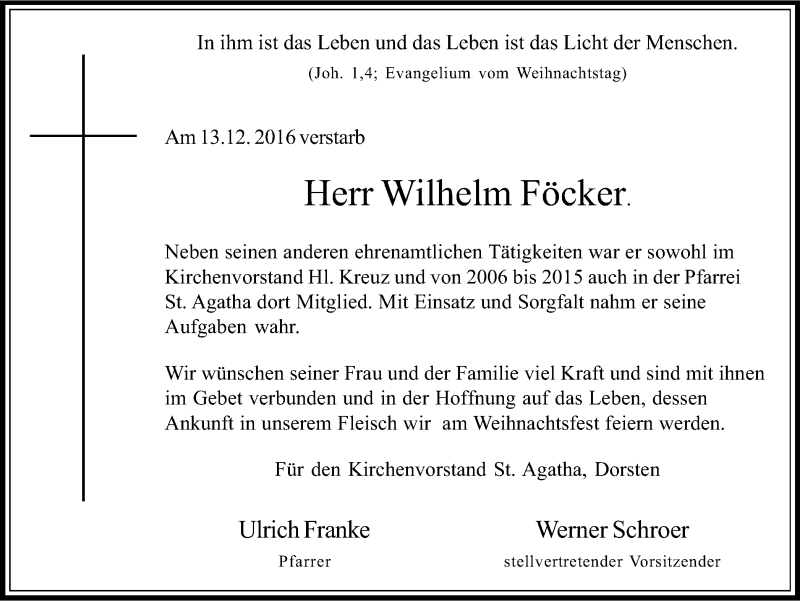 Traueranzeige für Wilhelm Föcker vom 17.12.2016 aus Ruhr Nachrichten und Dorstener Zeitung