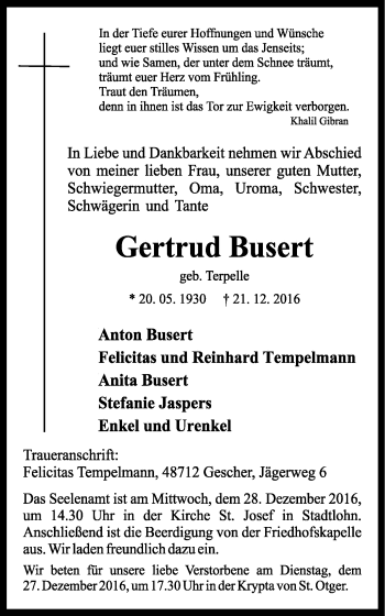Traueranzeige von Gertrud Busert von Münstersche Zeitung und Münsterland Zeitung