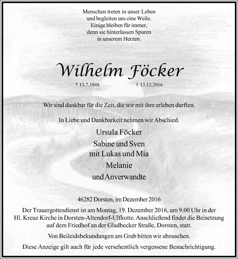  Traueranzeige für Wilhelm Föcker vom 16.12.2016 aus Ruhr Nachrichten und Dorstener Zeitung