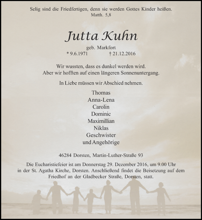  Traueranzeige für Jutta Kuhn vom 24.12.2016 aus Ruhr Nachrichten und Dorstener Zeitung