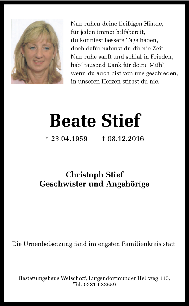  Traueranzeige für Beate Stief vom 17.12.2016 aus Ruhr Nachrichten