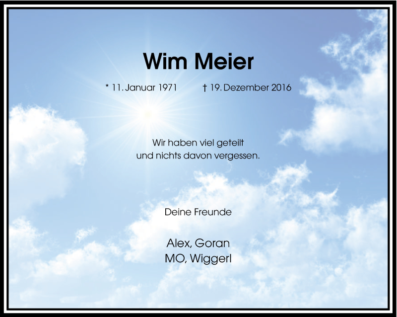  Traueranzeige für Wim Meier vom 24.12.2016 aus Ruhr Nachrichten
