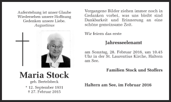 Traueranzeige von Maria Stock von Ruhr Nachrichten und Halterner Zeitung