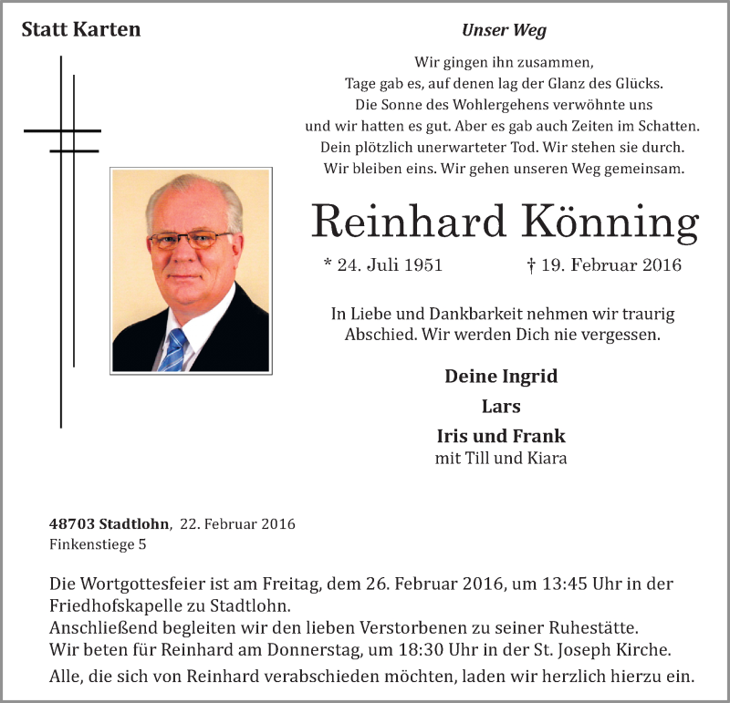  Traueranzeige für Reinhard Könning vom 22.02.2016 aus Münstersche Zeitung und Münsterland Zeitung