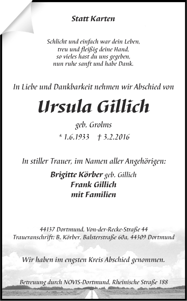  Traueranzeige für Ursula Gillich vom 13.02.2016 aus Ruhr Nachrichten