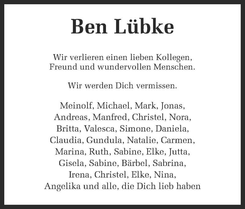  Traueranzeige für Ben Lübke vom 27.02.2016 aus Ruhr Nachrichten