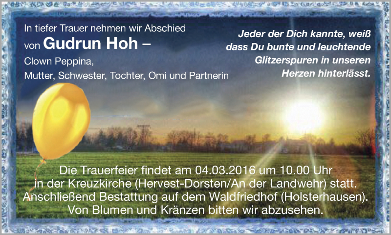  Traueranzeige für Gudrun Hoh vom 27.02.2016 aus Ruhr Nachrichten und Dorstener Zeitung