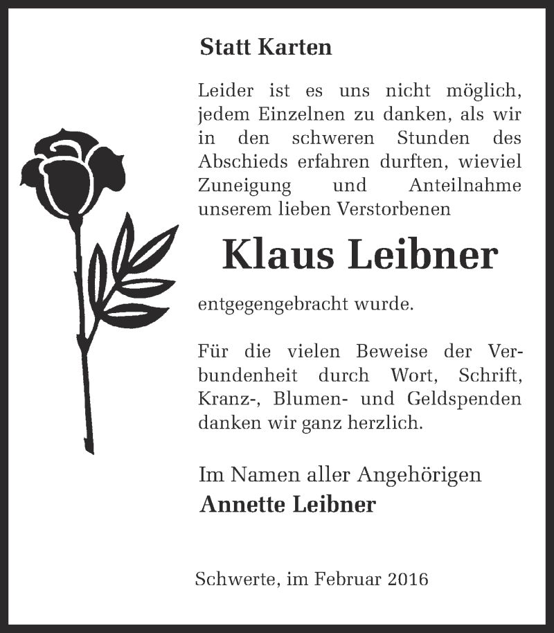  Traueranzeige für Klaus Leibner vom 27.02.2016 aus Ruhr Nachrichten