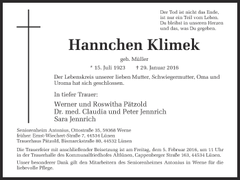 Traueranzeige von Hannchen Klimek von Ruhr Nachrichten