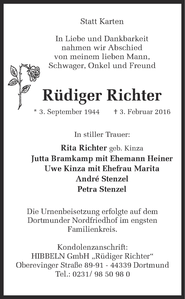  Traueranzeige für Rüdiger Richter vom 08.02.2016 aus Ruhr Nachrichten