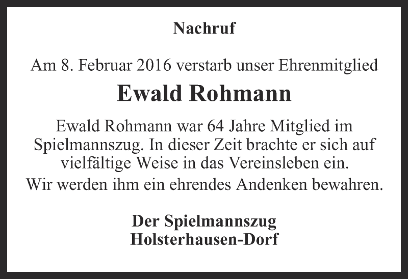  Traueranzeige für Ewald Rohmann vom 13.02.2016 aus Ruhr Nachrichten und Dorstener Zeitung