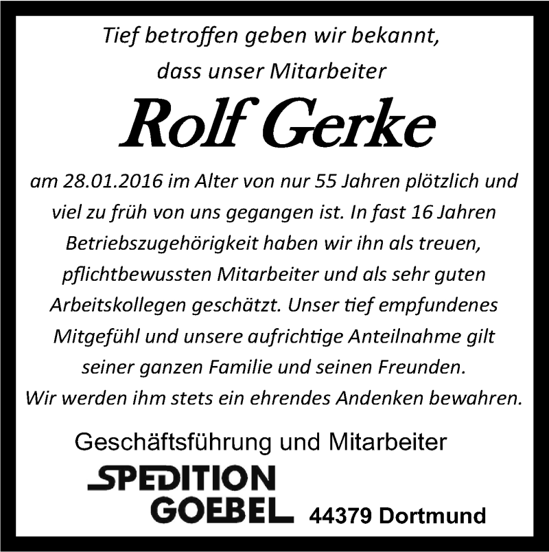  Traueranzeige für Rolf Gerke vom 06.02.2016 aus Ruhr Nachrichten