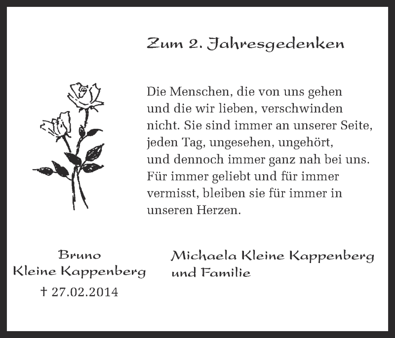  Traueranzeige für Bruno Kleine Kappenberg vom 27.02.2016 aus Ruhr Nachrichten und Halterner Zeitung