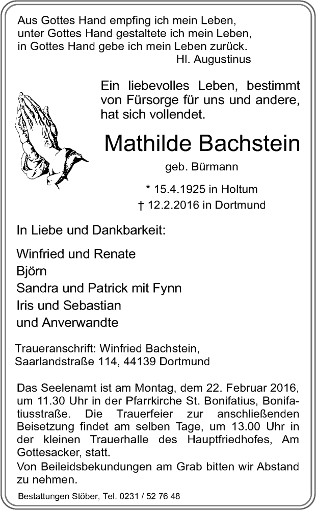  Traueranzeige für Mathilde Bachstein vom 17.02.2016 aus Ruhr Nachrichten
