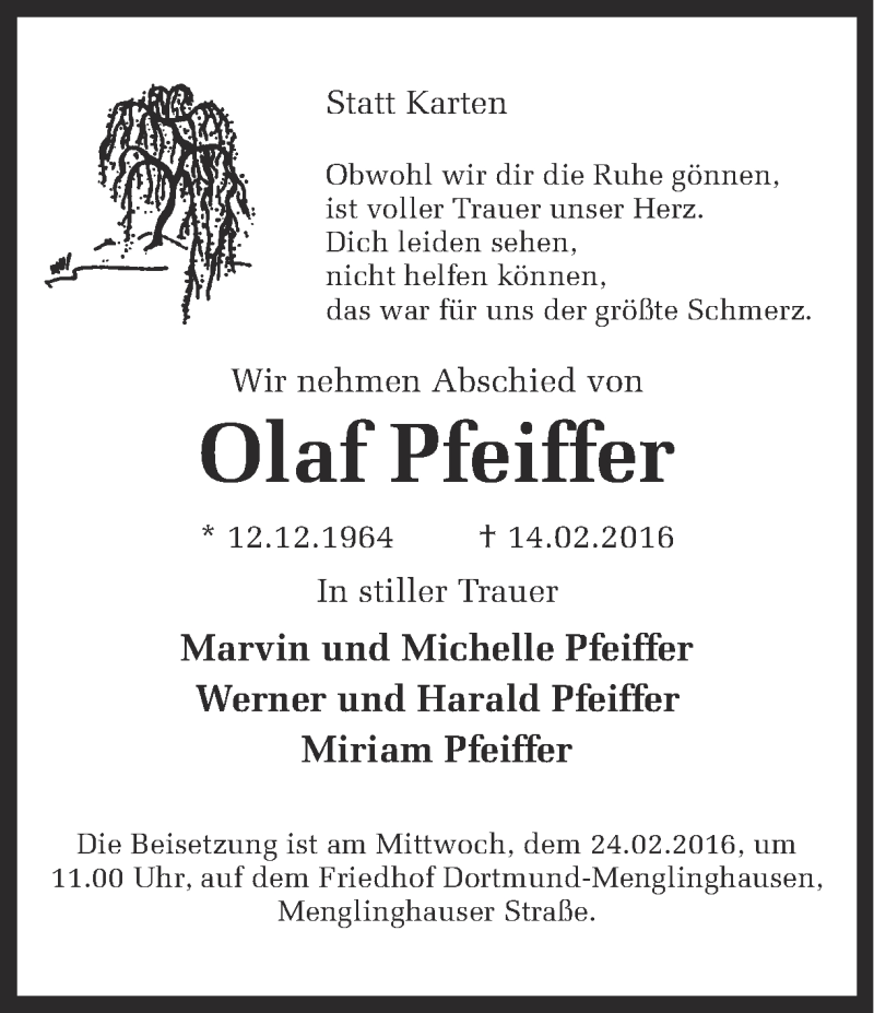  Traueranzeige für Olaf Pfeiffer vom 20.02.2016 aus Ruhr Nachrichten