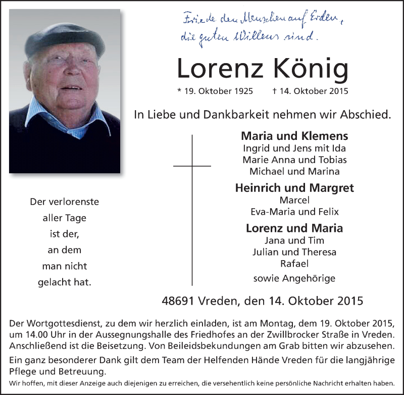  Traueranzeige für Lorenz König vom 16.10.2015 aus Münsterlandzeitung