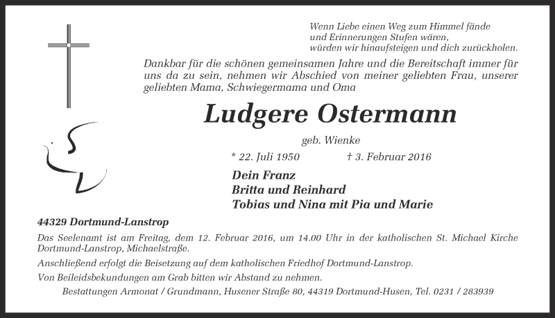  Traueranzeige für Ludgere Ostermann vom 08.02.2016 aus Ruhr Nachrichten