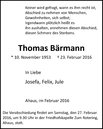 Traueranzeige von Thomas Bärmann von Münstersche Zeitung und Münsterland Zeitung