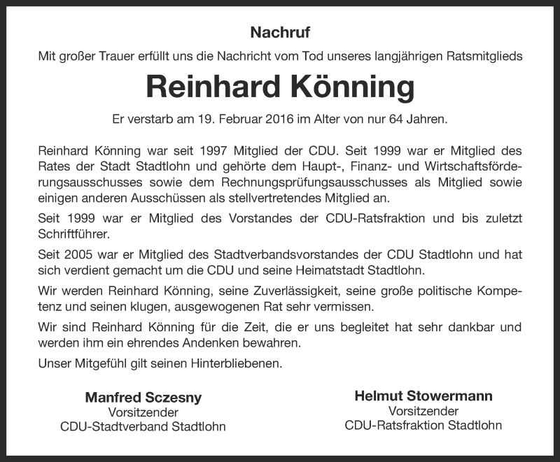  Traueranzeige für Reinhard Könning vom 25.02.2016 aus Münstersche Zeitung und Münsterland Zeitung