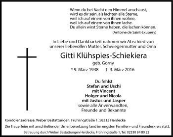 Traueranzeige von Gitti Klühspies-Schiekiera von Ruhr Nachrichten